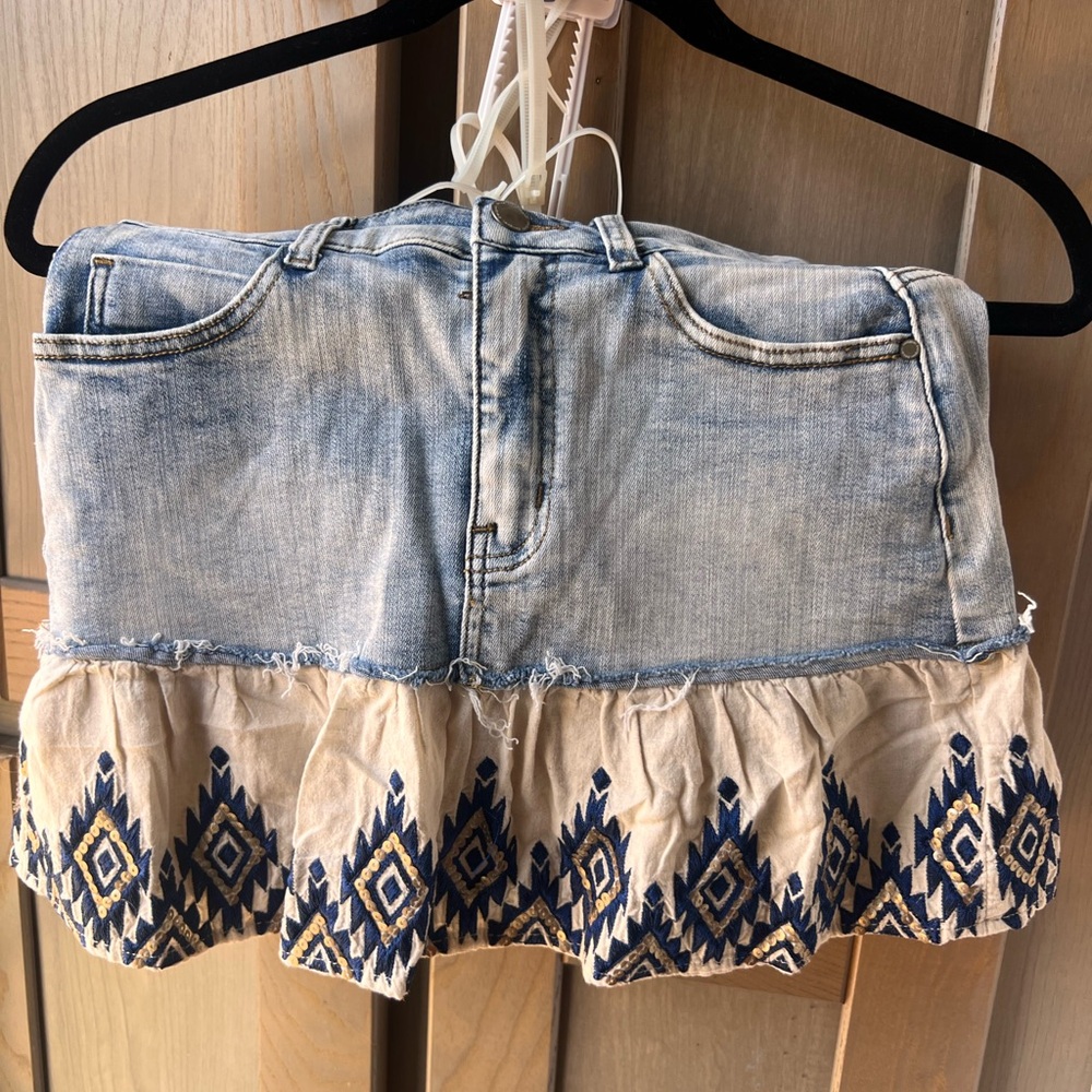 Disigual Clothing Blue Denim Skirt with Embroidery & Gold Sequins Size 36 EUR